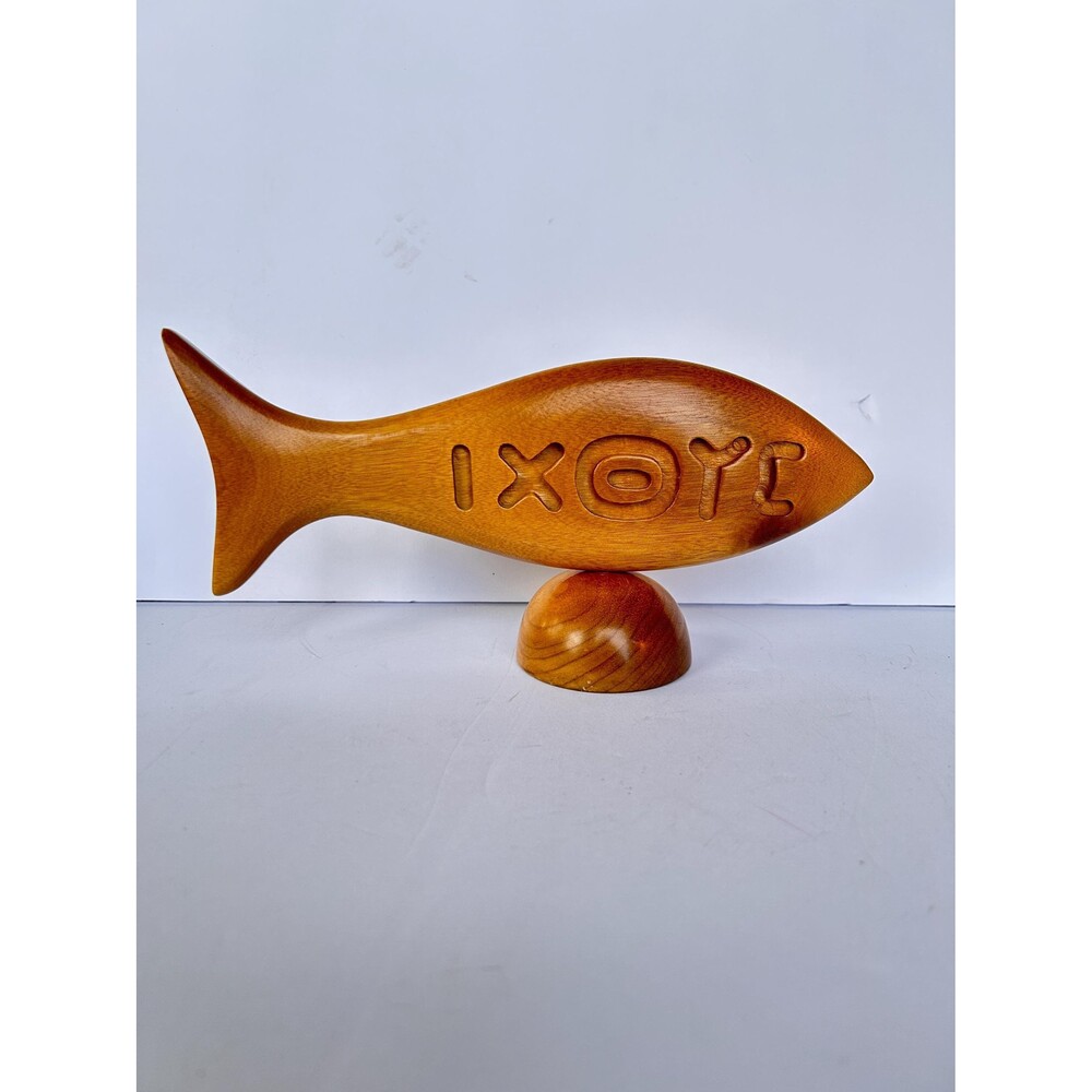 Vintage Oregon Myrtlewood Ichthus Fish Sculpture, Hand Carved Wood Jesus Fish